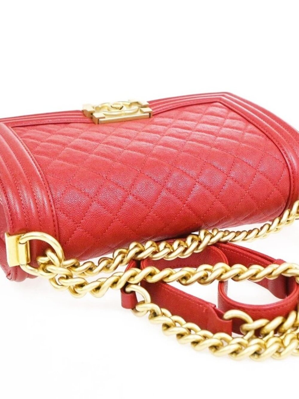 CHANEL Boy Chain Shoulder Bag Calfskin Leather Red GHW CC Logo France - Picture 5 of 13